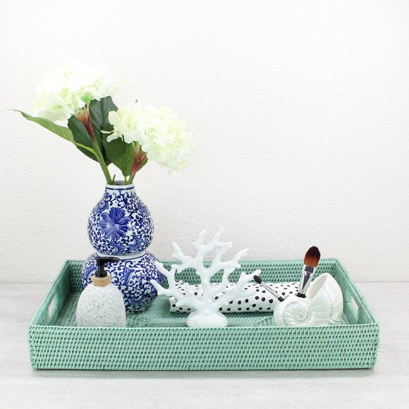 NEW Tight Woven Rectangle Rattan Tray for Luxury Homes- Extra Large, Sage Leaf